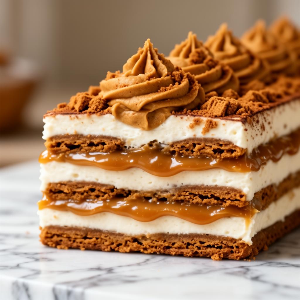 Cross-section of Biscoff tiramisu slab showing every layer