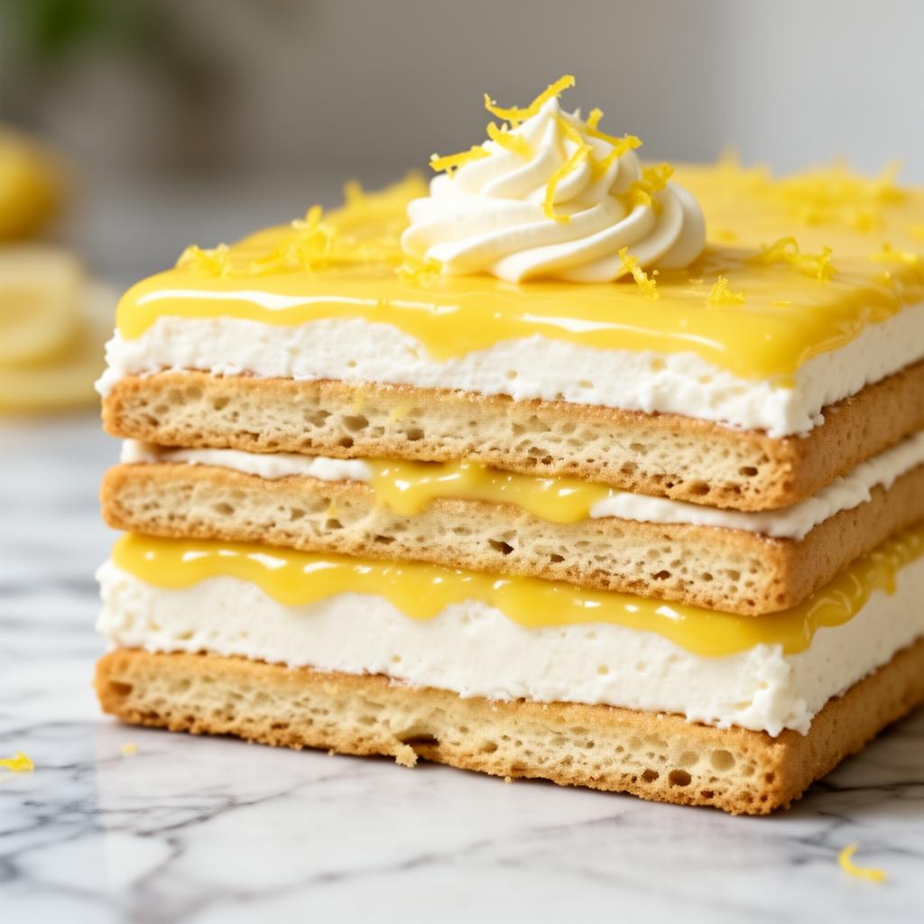 Cross-section of Lemon Curd tiramisu slab showing every layer