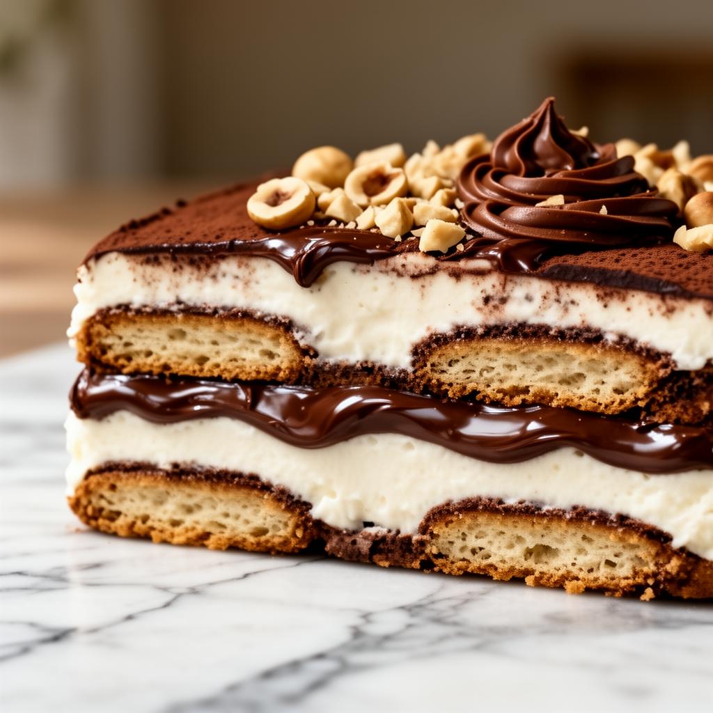 Cross-section of Nutella tiramisu slab showing every layer