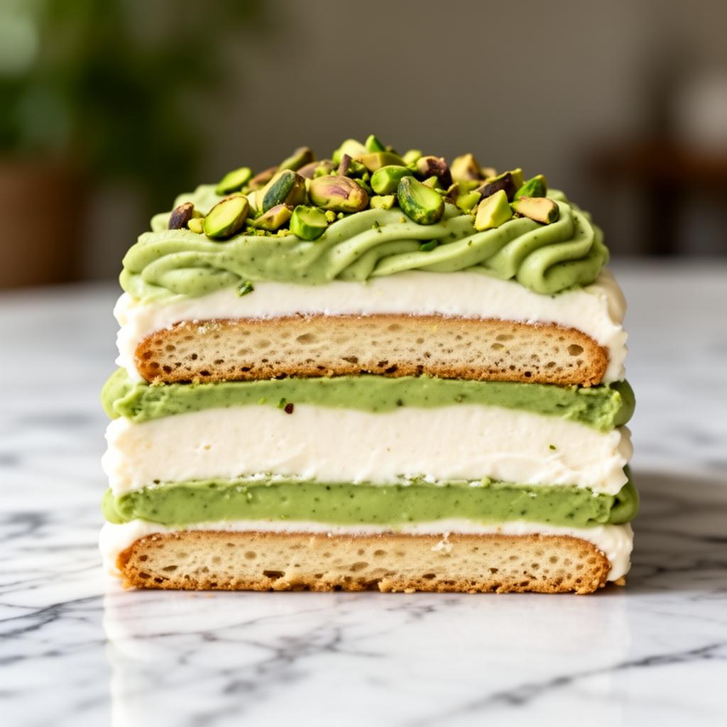 Cross-section of Pistachio tiramisu slab showing every layer
